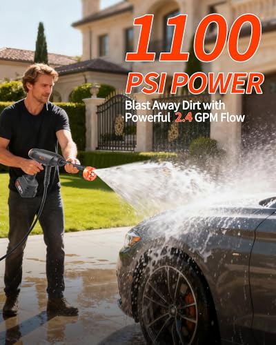 Image of Handheld Battery Operated Washer, 1100 PSI Lightweight Mini Washer for Car, Home, Patio, Driveway and Garden Cleaning (EnduringOrange)