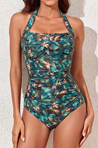 Image of Smismivo Tummy Control Swimwear Halter One Piece Slimming Vintage Retro Swimsuit Womens Ruched Push Up Bathing Suit