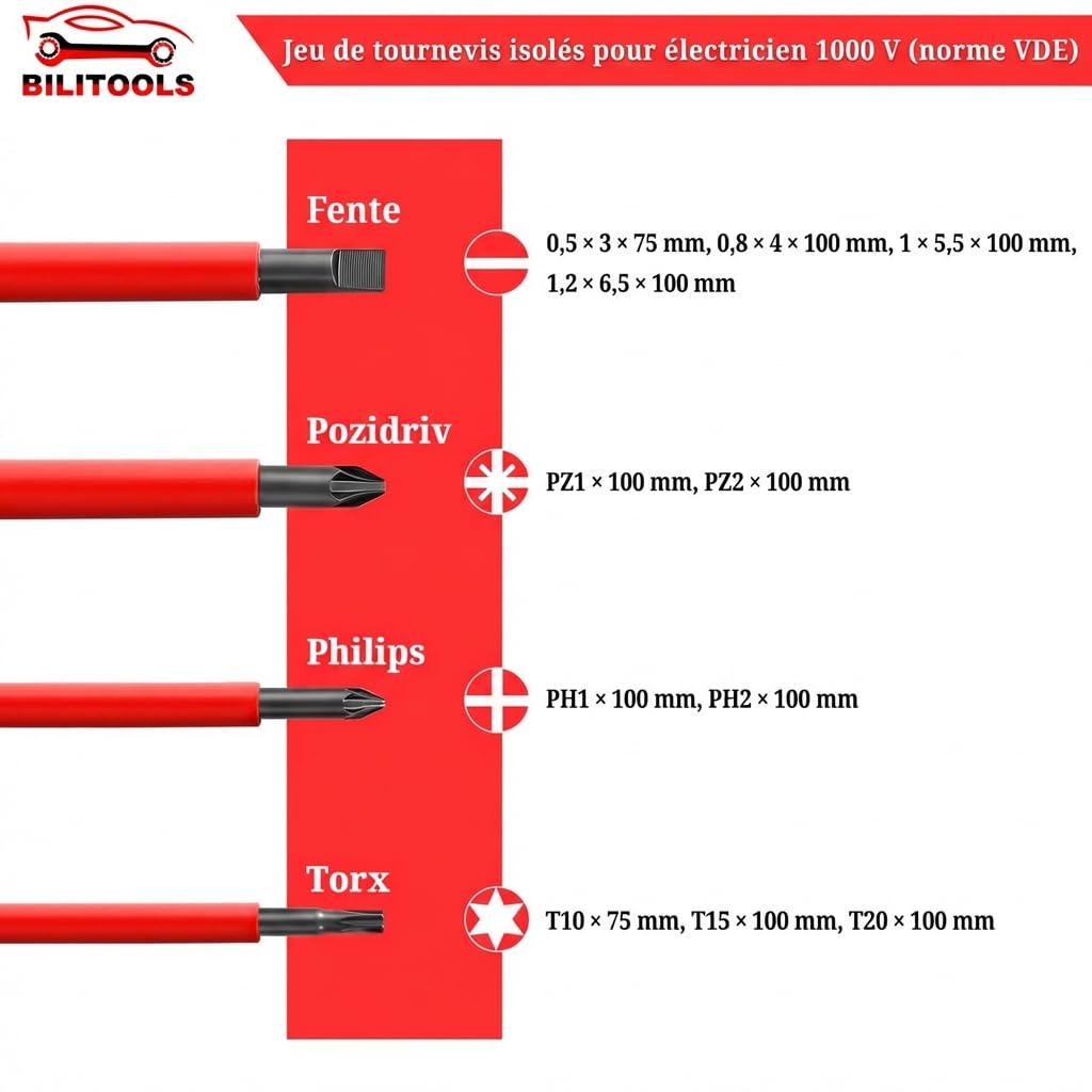 BILITOOLS Tournevis Electricien Set 13 pièces VDE isolé 1000V lot tournevis | Lot de tournevis isolé avec embouts magnétiques, tournevis cruciforme et Torx, jeu tournevis outillage electricien