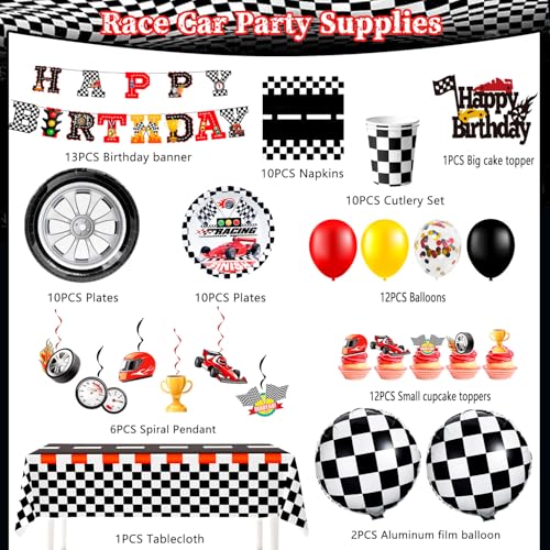 Decoraciones de cumpleaños de coche de carreras con vajilla desechable resistente de cuadros 6