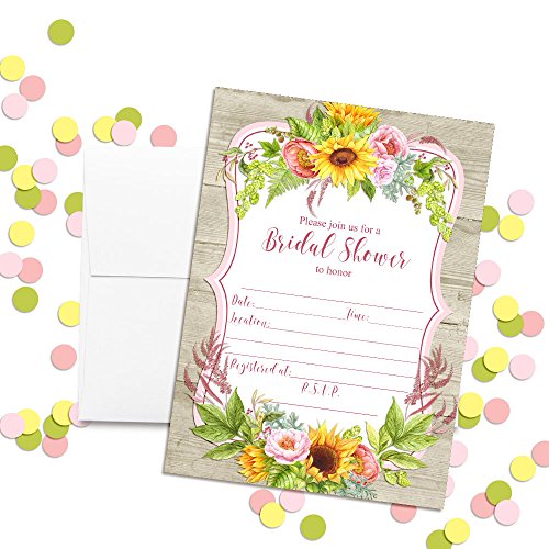 Watercolor Sunflower & Peony Floral Bridal Shower Invitations, 20 5x7 Fill In Cards with Twenty White Envelopes by AmandaCreation - Thumbnail 2