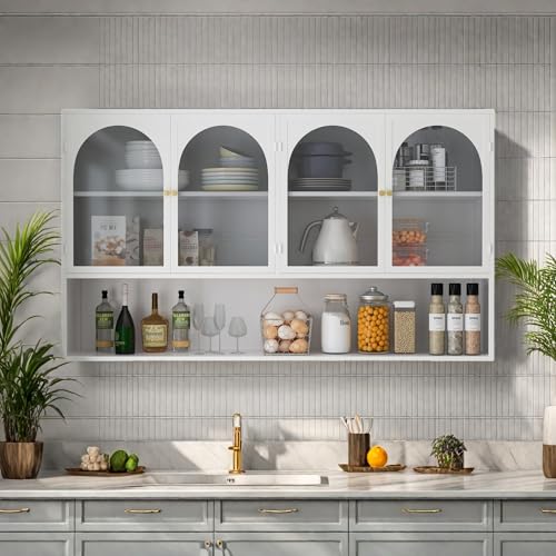 QMTXBYJ Armario colgante de cocina, armario de pared de 120 cm con 4 puertas de cristal y estantes extraíbles, armario de baño colgante, armario de almacenamiento para cocina, baño, salón, 120 x 23 x
