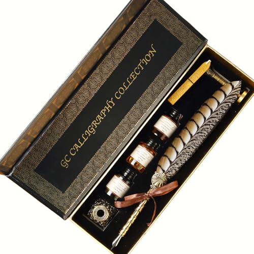GC QUILL Vintage Quill Feather Pen and Ink Set - 6 Nibs, Pen Holder, 3 Inks, Wax Seal Stamp & Wax Stick - Antique Calligraphy Kit for Decor, Writing, Gifting – MU-17
