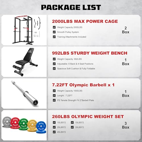 Image of JELENS S11 Power Cage, 2000LB Multi-Function Power Rack with LAT Pulldown, Squat Rack with Adjustable Pulley System and Training Attachments, Weight Rack for Home Gym