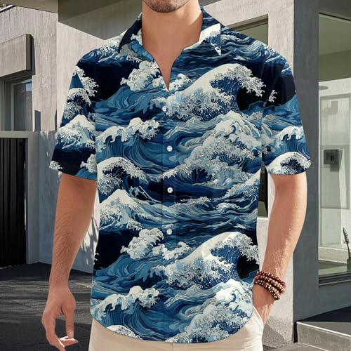 Men's Hawaiian Shirts - Button Down Casual Japanese Wave Printed Shirts | Summer Lapel Tops Clothes Daily Wear4