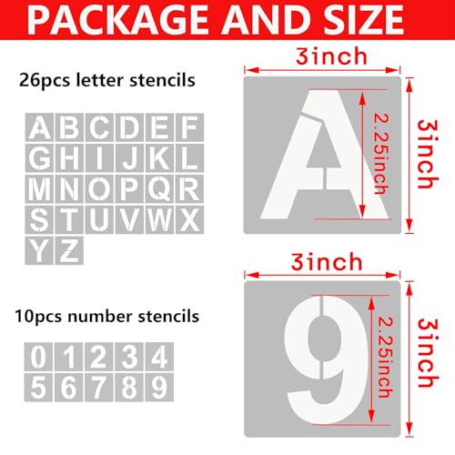 Image of Yeajon 3 Inch Letter & Numbers, 36 Pc Alphabet Art Craft Stencils - Reusable Plastic for Wood, Wall, Fabric, Rock, Chalkboard, Signage & DIY School Art Projects