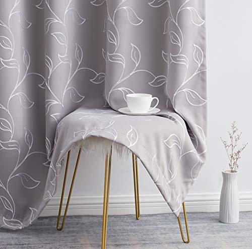 Hlc.me Carol Floral Decorative Embroidered Pattern Thermal Insulated Blackout Room Darkening Energy Savings Soundproof Window Curtain Grommet Panels Bedroom, Set Of 2 (52 W X 96 L Length, Light Grey) #TOP4
