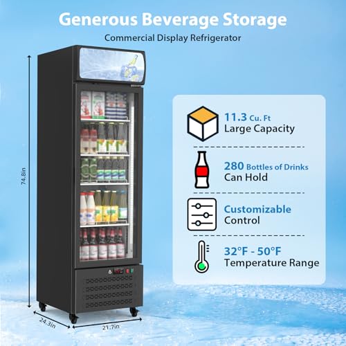 Image of IDEALHOUSE 13.4 Cu.Ft Commercial Display Refrigerator, Single Glass Door Beverage Cooler with 4 Adjustable Shelves & LED Lighting, Black Drink Fridge for Store or Home