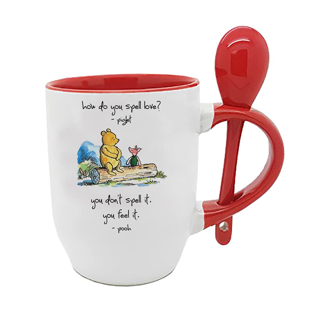 Giftme How Do You Spell Love? You Don't Spell It The Pooh Quotes Birthday Coffee Tea Mug Unique Spoon Ceramic Mug. (Red Spoon)
