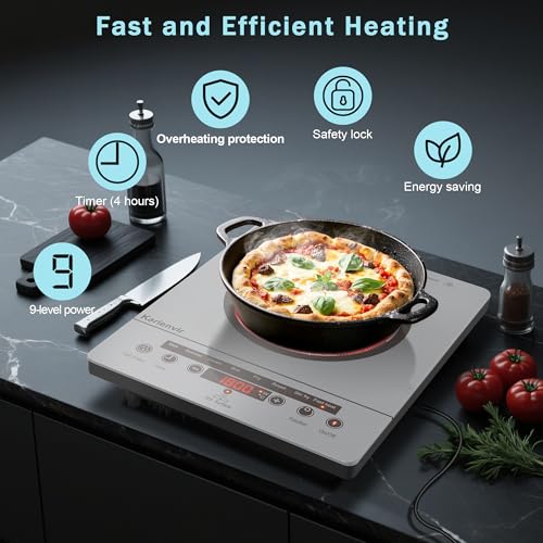 Image of Single Burner Electric Cooktop, Portable Electric Stove 110v with plug, Touch Control, Safety Lock, Timer, Kitchen Cooking Cooktop With 9 Power Levels, 1800W, Grey