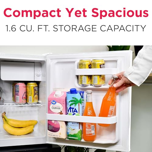 Frigidaire Retro Compact Fridge with Chiller, Countertop, Built-In Bottle Opener, Compact Refrigerator 1.6 cu ft, Mini Fridge for Office, Bedroom, Dorm Room or Cabin - 16" D x 18" W x 18.5" H (White) on Fridge.com