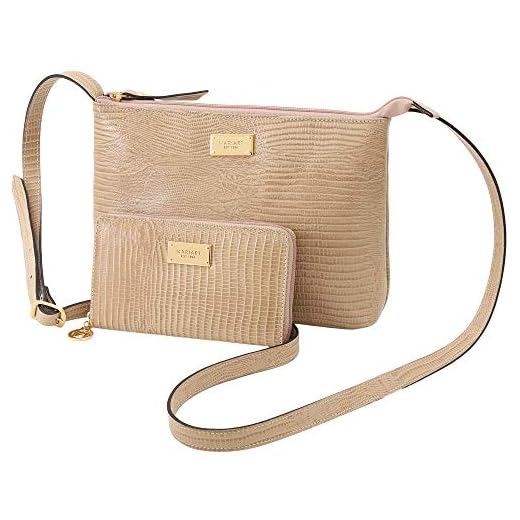 Kit Bolsa Transversal e Carteira Mariart Couro Legítimo Lezard 2190+121 (Nude)