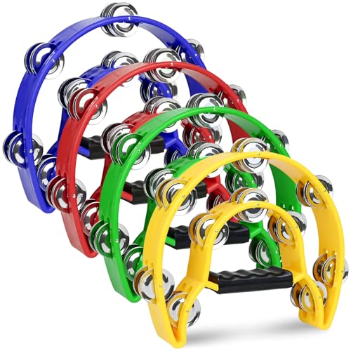 4 Pack Double Row Tambourine for Adults 9 Half Moon Tambourines Bulk for Church Metal Jingles Hand Held Percussion Drum Panderetas Para Adultos Cristianos Musical Tambourine for KTV Party Band