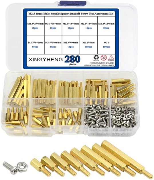 BGTXINGI 280pcs M2.5 Brass Male-Female/Female-Female Spacer Standoff Screw Nut Assortment Kit and stainless steel Screw Nut Set (Brass M2.5)