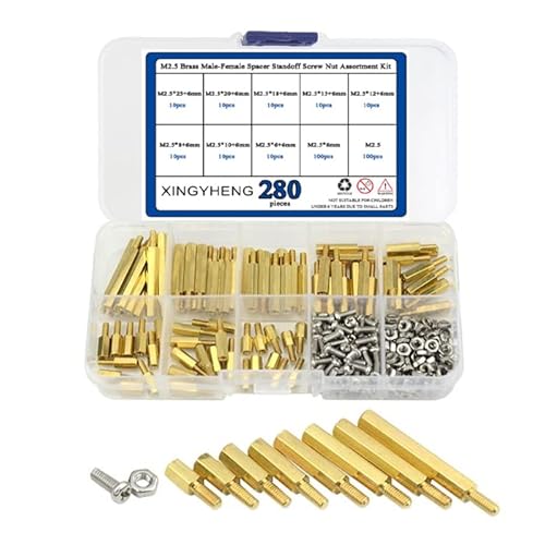 BGTXINGI 280 Stück M2.5 Messing-Stecker-Buchse / Buchse-Buchse Distanzstück Abstandshalter-Schraubenmutter-Sortiment und Edelstahl-Schraubenmutter-Set (Messing M2.5) Cover