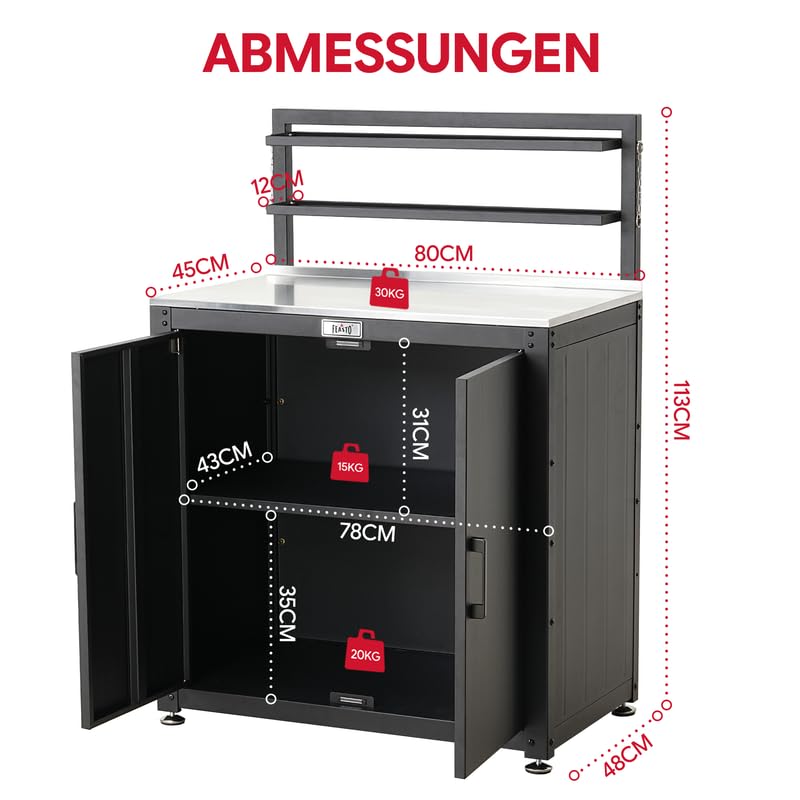 Feasto Gartenschrank wetterfest mit Edelstahl-Arbeitsplatte, 2 verstellbare Regalböden, Pflanztisch aus Metall für Gärten & Terrasse, 80x48x113 cm