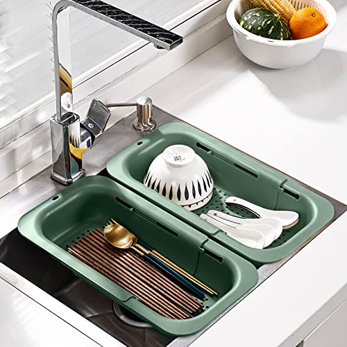 Image of Collapsible Sink Colanders and Strainers Basket Extendable Plastic Fruit Vegetable Strainer Drainer Basket for Kitchen (Length 13.6 inch-18.7 inch) (Apple Green) 6 * 10