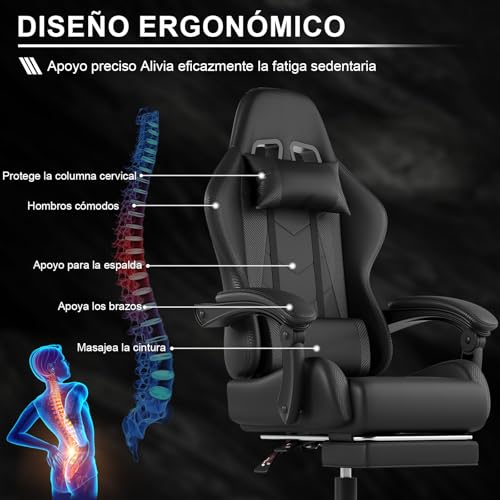 Miniatura 7 de Devoko Silla Gaming Con Masajeador, Silla Oficina Con Reposapiés, Silla Juego De Carreras Con Una Carga De 150 Kg, Respaldo Ajustable Alto Silla Ergonomica De Juegos Reclinable 90-135 Negro