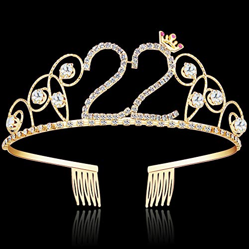 BABEYOND Crystal Birthday Tiara Crown Princess Birthday Crown Hair Accessories Happy 22nd Birthday Crown Tiara for Women (22 Birth-Gold)