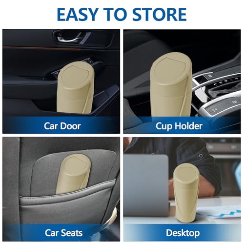Image of Hovom Mini Car Trash Can with Lid, Portable Garbage Can for Car, Leakproof Cup Holder Automotive Garbage Bin with 2 Rolls of Trash Bags, Small Trash Storage Can for Car Home Office(Beige)