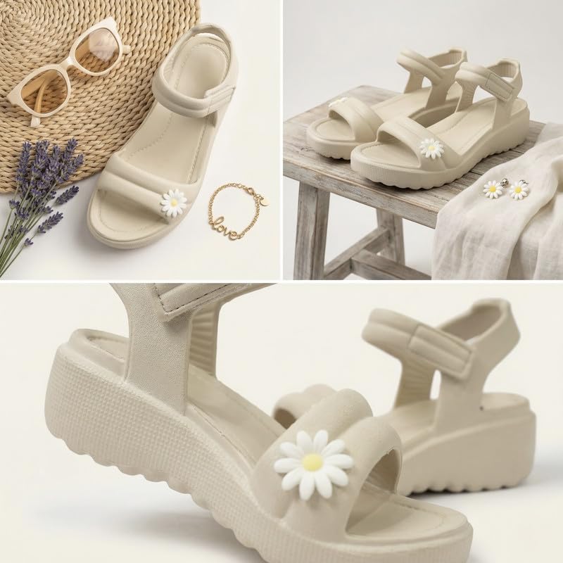 Image of Women's Platform Wedge Sandal with Daisy Flower Embellishment | Ankle Strap EVA Sole | Lightweight Casual Sandal for Women & Girls | Comfortable Daily Wear