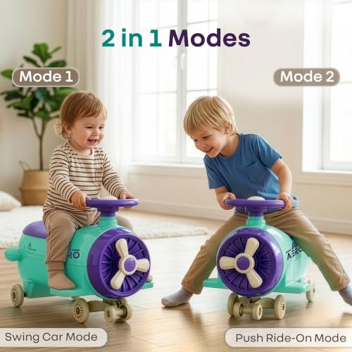 Image of R for Rabbit Iya Iya Aero Ace Swing Car for Kids, 2 in 1 Baby Ride On & Magic Toy Panda Car, ABEC7 Bearing Smooth Wheels with Storage Seat, Ideal for 2+ Years Boys & Girls, Upto 50 Kgs (Green Purple)