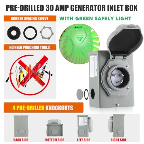 Kanayu 30 Amp 6.6FT Generator Cord and Pre-Drilled Power Inlet Box, 4 Prong NEMA L14-30P/L14-30R 125V/250V 7500W 10 Gauge Heavy Duty Extension Cord with Generator Interlock Kit, ETL Listed - Image 6