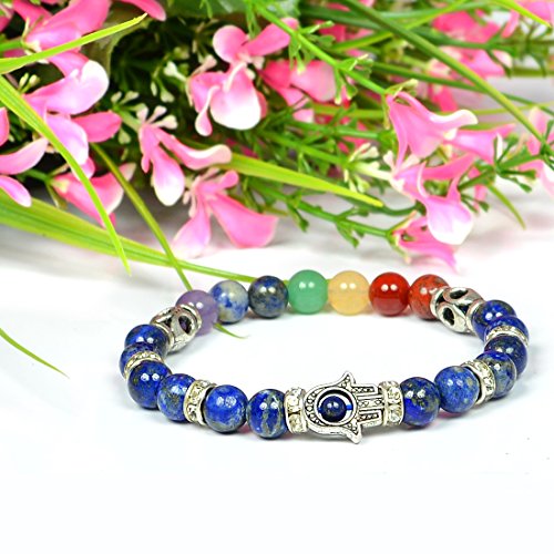 Image of Reiki Crystal Products Certified Natural Crystal Stone 7 Chakra with Hamsa 8 mm Round Beads Bracelet for Men & Women | Reiki Charged Gemstone Bracelet | Multiple Stone Variants Available
