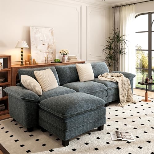 Image of PHI VILLA Cloud Modular Couch Sets, 123.6 inch Sectional Sofa with L-Shaped Chaise, 4-Seater Upholstered Couches with Movable Ottoman for Living Room, Chenille Fabric, Dark Cyan