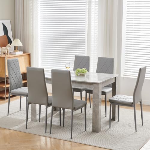 Homullel 7 Piece Dining Room Table and Chairs Set for Dining Room Kitchen Modern Wooden Dining Table with 6 Chairs for Family Dinner Set 120cm Grey Marble Table