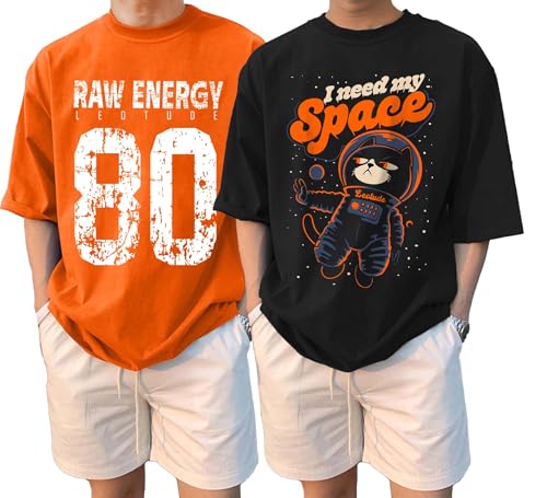 Image of LEOTUDE Men Half Sleeve Round Neck Graphic Font Printed Cottonblend Oversized Tshirts (Colour: Orange)