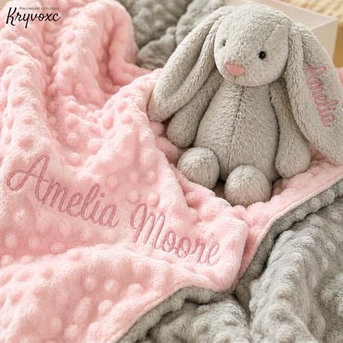 Image of Personalized Baby Blanket and Plush Bunny Set, Custom Baby Blankets and Rabbit with Name, Personalized 2 in 1 Gift Set for Boy Girl Toddlers, Minky Dot Swaddle, Gift Set for Showering, Birthday