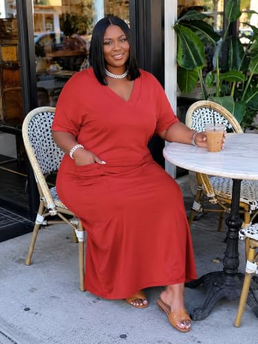 Image of Plus Size Maxi Dress for Women Short Sleeve V Neck Casual Loose Sundress with Pockets