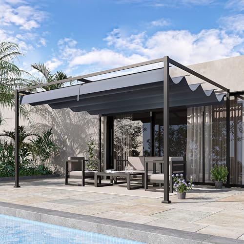 Outsunny 4 x 3(m) Metal Outdoor Pergola with Retractable Roof Outdoor Gazebo with Drainage Holes for Garden Patio Lawn Grey