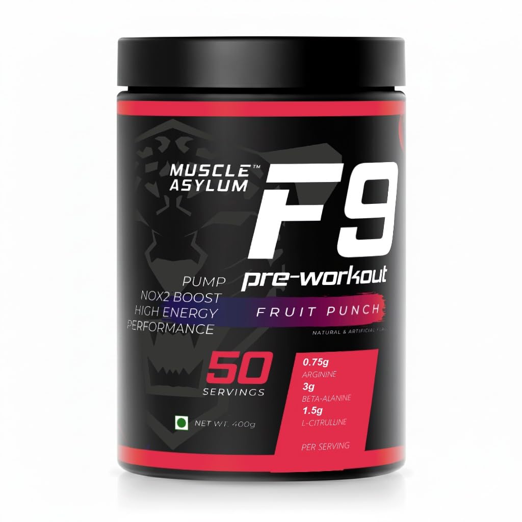 Muscle Asylum F9 Pre-Workout - 50 Servings, 400gm (Fruit Punch) | Boosts Energy & Endurance | Improves Focus