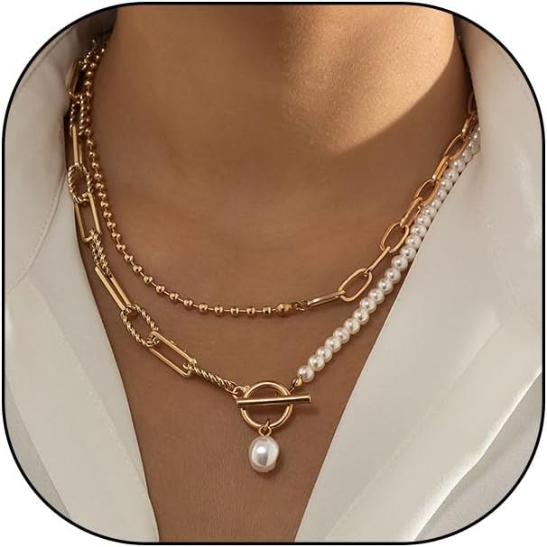 Dainty Pearl Layered Necklace for Women,Trendy Chunky Pearl Beaded Paperclip Chain Choker Ot Clasp Necklace,Stack Statement Jewelry Gifts