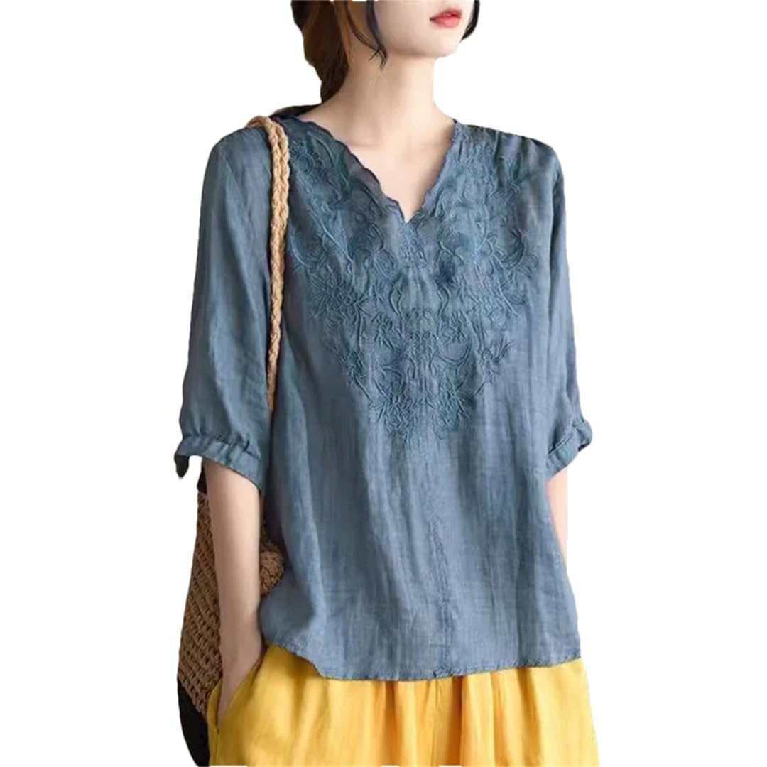 Fashion Summer Femmes Vintage Broderie Coton Lin Lâche Col V Manches Moyennes Chemise Pull Tops