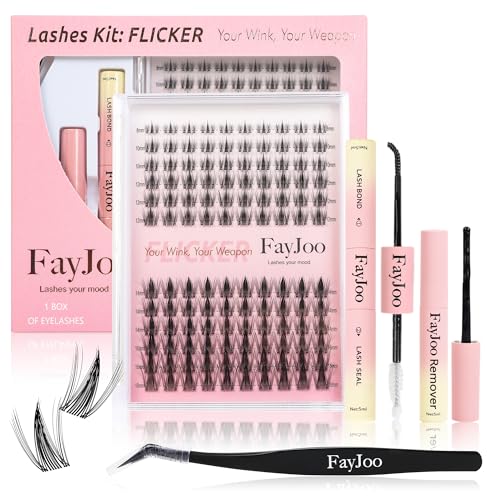 Wispy Spiky Soft Lash Clusters Kit, C Curl 8-18mm, Thin Fiber with 0.05mm Invisible Band, DIY Salon Eyelash Extension Kit with Bond Seal Remover Tweezers, Lightweight, FayJoo FLICKER 11 Kit