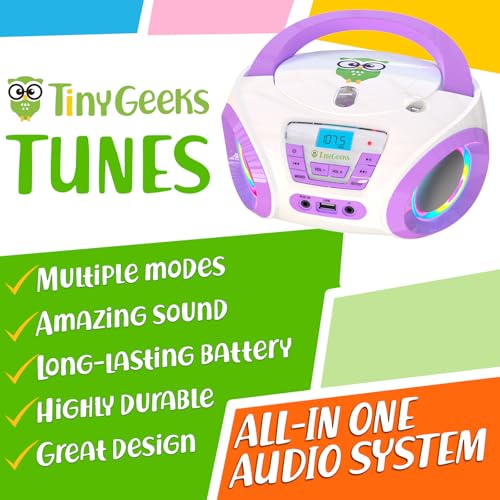 Image of TINYGEEKS Tunes Kids Boombox CD Player for Children - FM Radio - Includes Batteries - Purple Radio - CD Player with Speakers for Children and Toddlers - Purple