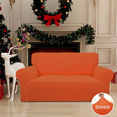 Image of Easy-Going Stretch Loveseat Slipcover 1-Piece Sofa Cover Furniture Protector Couch Soft with Elastic Bottom for Kids Polyester Spandex Jacquard Fabric Small Checks (Loveseat, Orange)