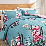 Shatex Twin Floral Comforter (90x68 Inch) 2 Piece All Season Bedding Botanical Teal Comforter Floral Cottage Bed - Ultra Soft 100% Polyester– 1 Twin Comforter with 1 Pillow Sham(20x26Inch)