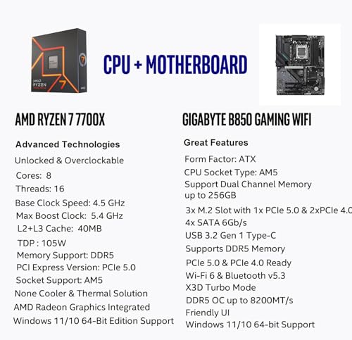 Image of Micro Center AMD Ryzen 7 7700X CPU Processor with GIGABYTE B850 Gaming WIFI6 Motherboard (ATX, DDR5, 3X M.2, PCIe 5.0, USB-C, WIFI6)