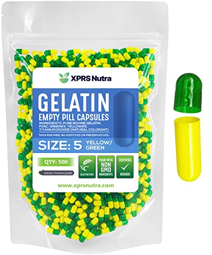 Image of XPRS Nutra Size 5 Empty Capsules - 500 Count Very Small Empty Gelatin Capsules - Pills DIY Capsule Filling - Fillable Pill Gel Caps for Do-It-Yourself Vitamin Supplements (Green /Yellow)