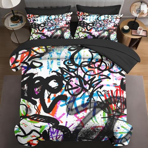 WeCozy 7 Pcs Queen Size Comforter Set with 2 Pillowcases & 2 Shams, Urban Modern Fashion Bedding for Kids and Adults, Abstract Graffiti Bed in a Bag with Flat Fitted Sheet