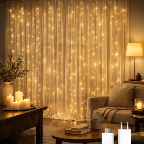 M mimotec - Guirlande Rideau LED Extérieure avec USB, longueur 3X1M, lumière chaude 2700k, IP65 Etanche, idéale pour terrasses et jardins. LM2961
