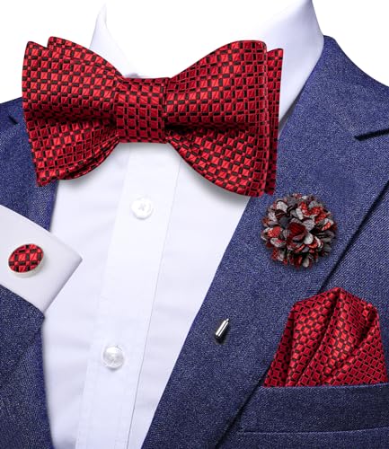 Image of Dubulle Self Tie Bow Ties and Lapel Pin for Men Paisley Solid Mens Bowtie and Handkerchief Cufflinks Set Wedding