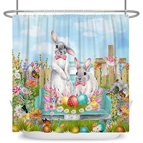 GCIREC Oster-Duschvorhang, niedlicher Hase, blaugrün, LKW, bunte Eier, Blumen mit Schmetterlingen, Bauernhaus, Badezimmervorhang, wasserdichter Stoff, waschbar mit Haken Cover