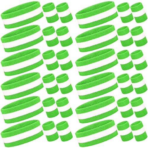 Image of Eurzom 36 Pcs Neon Sports Sweatbands Set Include 12 Striped Sweat Absorbing Headbands 24 Wristbands Athletic for Men Women Basketball Tennis Running Glow Party