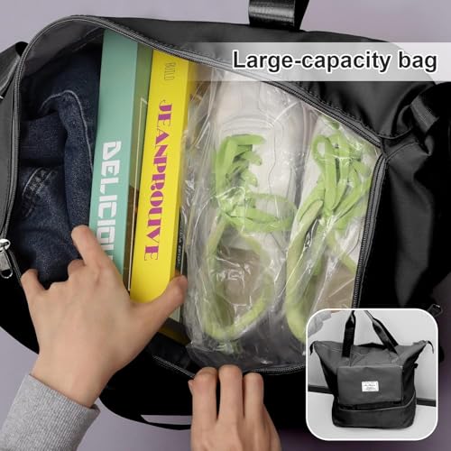 Image of Large Capacity Folding Travel Tote Bag, Oxford Fabric Waterproof Lightweight Foldable Travel Duffel Bag, Portable Expandable Travel Bag, Dry and Wet Separation Carry On Bag for Airplanes (Black)