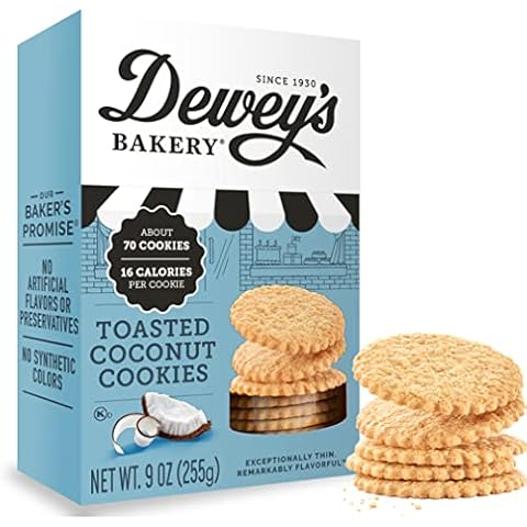 Dewey's Bakery Toasted Coconut Cookie Thins | No Artificial Flavors, Synthetic Colors or Preservatives | Baked in Small Batches | 9oz (Pack of 1) Cover